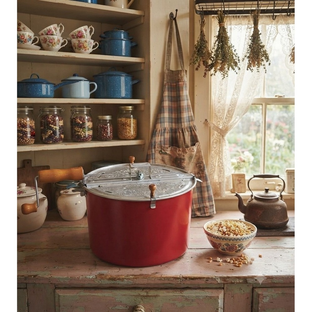 Wabash Valley Farms Whirley-Pop Stovetop Popcorn Maker Red Aluminum Wood